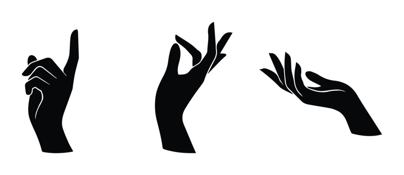 Elegant female hand silhouettes, set of 3 graceful hand gestures, black vector icons of delicate woman hands for beauty and wellness branding