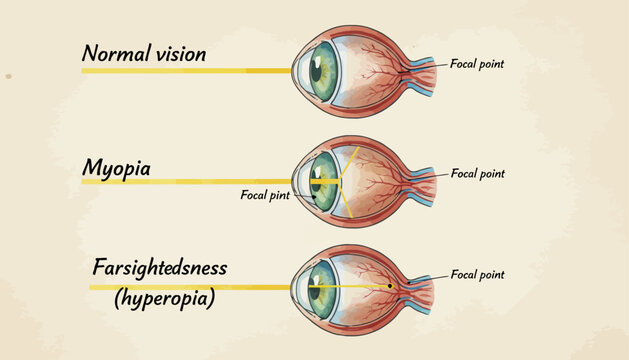 Comparison of Normal Vision, Myopia, and Farsightedness (Hyperopia) Showing Focal Point Differences in the Human Eye