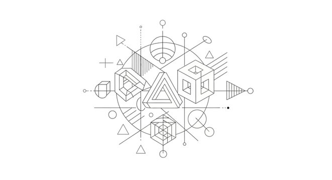 Abstract Geometric Composition with Impossible Shapes and Technical Drafting Lines