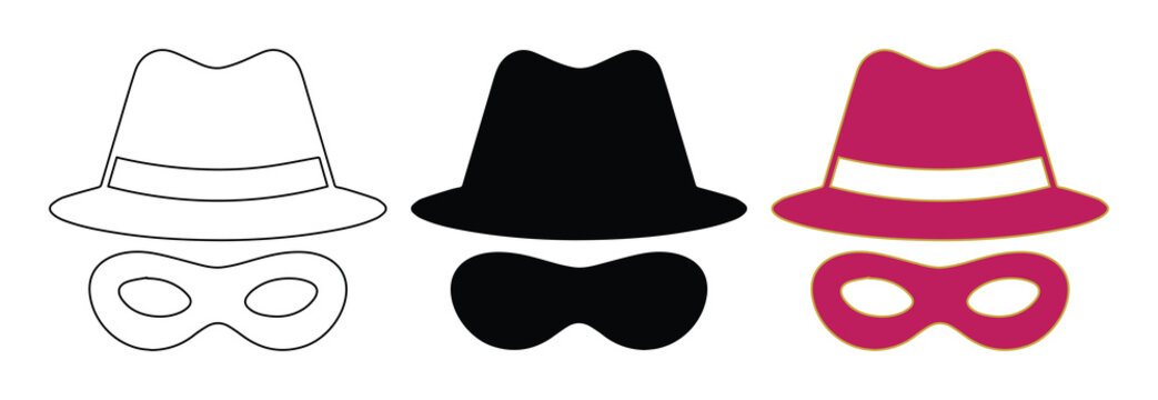 Incognito spy icons with fedora hat and eye mask, mysterious detective character head set, black and pink secret agent vector graphics