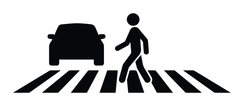 Pedestrian crossing road with car silhouette, black and white traffic safety vector icon, person walking on zebra crosswalk graphic