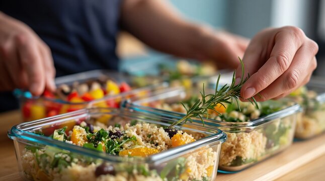 Person preparing multiple glass food containers filled with nutritious ingredients, adding fresh rosemary for healthy meal planning