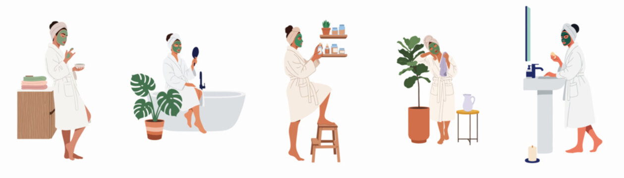 Set of five vector illustrations of a young woman in a white bathrobe performing her daily skincare routine with a green facial mask.