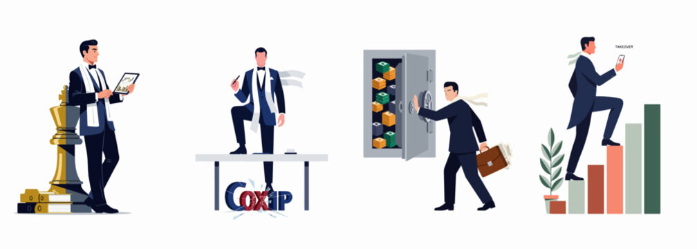 Flat vector illustration set of a successful businessman in a tuxedo representing corporate strategy, wealth, bank takeovers, and financial growth.