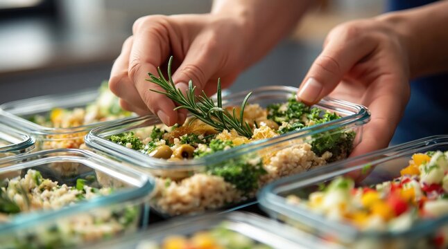 Hands arranging fresh rosemary into glass meal prep containers filled with healthy food for nutritious daily planning