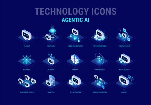 Technology icons set for Agentic AI workflow diagram - AI agent data, orchestration, chatbot automation, security, agents network, API integration - high quality isometric vector