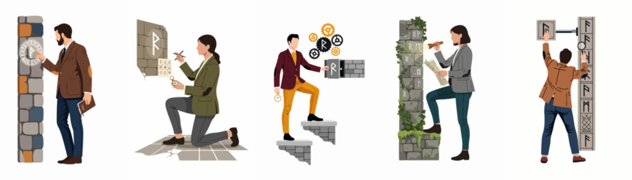 Set of diverse characters exploring ancient ruins, solving mysterious puzzles, and deciphering runic symbols in an escape room adventure theme.