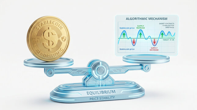 3D balance scale with coin and digital graph stablecoin concept on white background