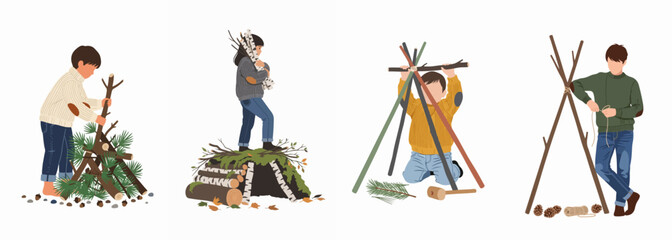 Vector illustrations of children building various wood shelters and teepees outdoors, showcasing nature play, creativity, and primitive survival skills in a flat design style. © Payandu