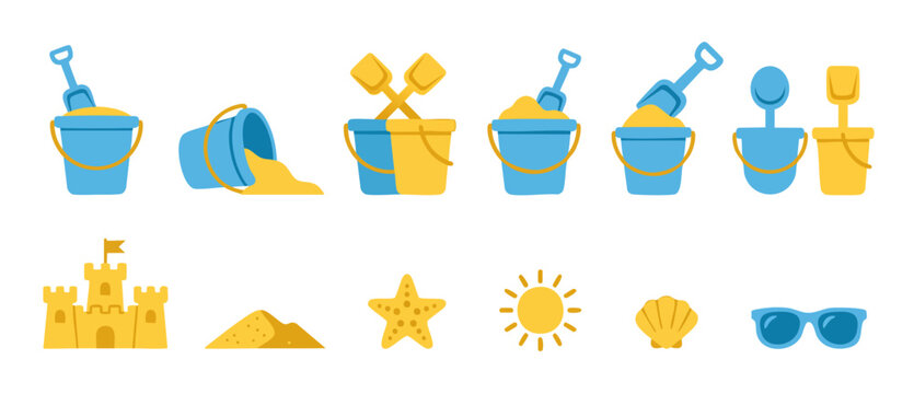Beach toys set with sand bucket and shovel icons, summer vacation elements including sandcastle, starfish, and sun vector illustrations for kids play activities, flat design style collection isolated.