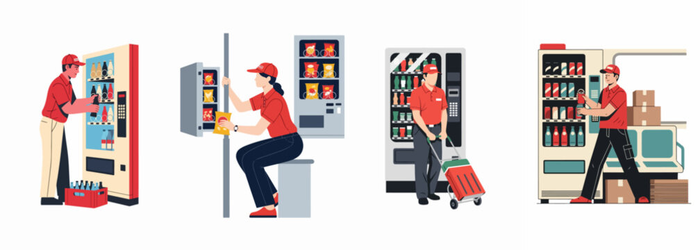 Illustrations of service workers in red uniforms restocking and maintaining various snack and beverage vending machines in different public locations.