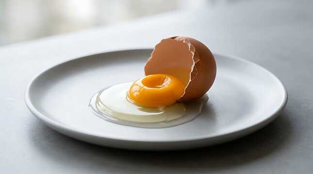 Soft boiled egg on white plate with cracked shell and runny yolk