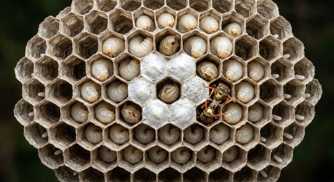 Detailed paper wasp nest with larvae and cocoons in hexagonal cells