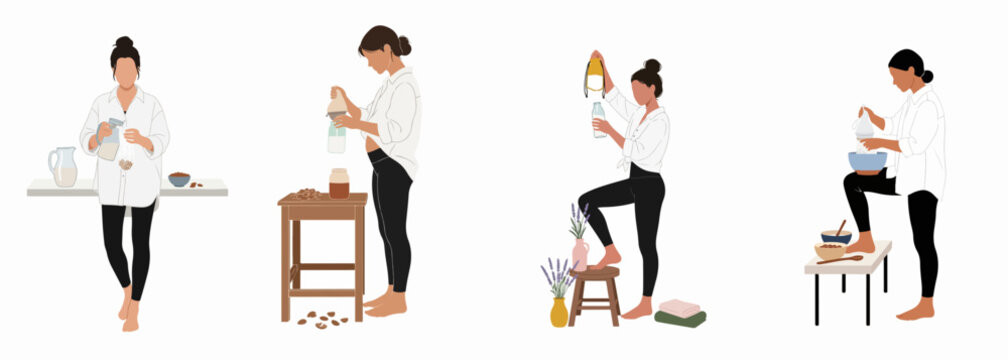 Minimalist flat illustration of women making homemade plant-based nut milk, demonstrating the step-by-step process of straining and preparing almond milk.
