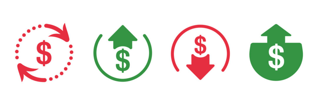 Dollar price up and down icon line style, dollar coin graph with up and down arrows, money cost growth and decline concept, clean vector illustration for currency investment, finance tracking, and mar