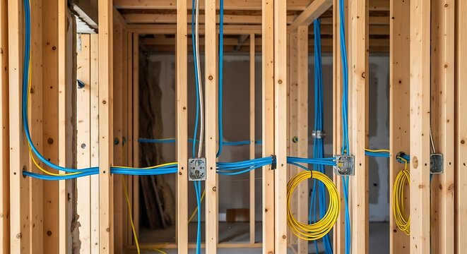 Interior construction framing with electrical wiring a work in progress