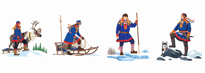 Illustrations of Sami people in traditional clothing with reindeer, sleds, and husky dog in a snowy Arctic winter landscape. © Payandu