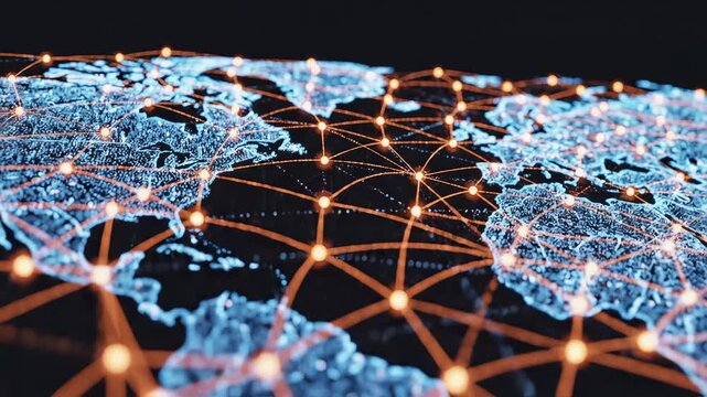 Global network map with glowing connections highlighting artificial intelligence and digital evolution
