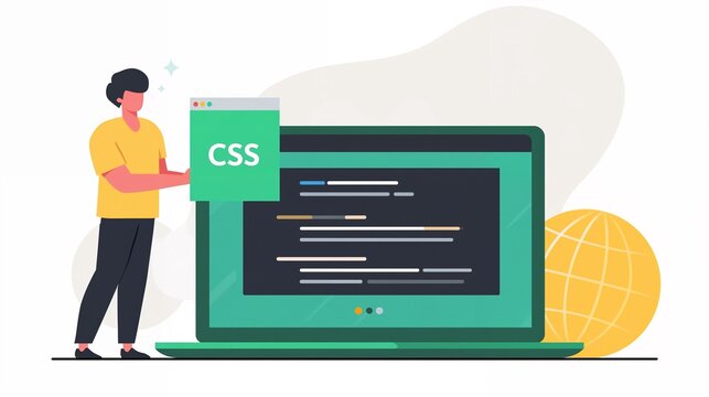 Developer workspace with a man holding CSS code on a laptop computer