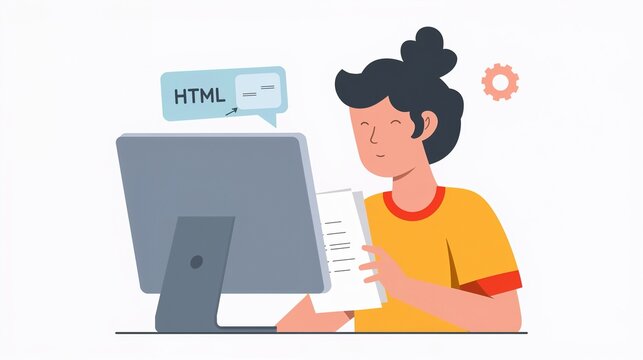 Developer workspace with a woman coding on computer, HTML programming and software development concept