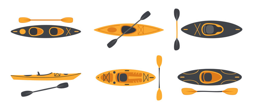 Kayak and Paddle Set Icon Collection, Top View and Side View Vector Illustration for Water Sports, Extreme Recreation, Summer Outdoor Activity, Flat Graphic Design Elements for Adventure Travel Brandi