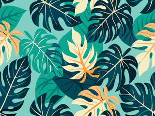 Fototapeta premium Seamless tropical pattern with colorful monstera leaves on a white background.