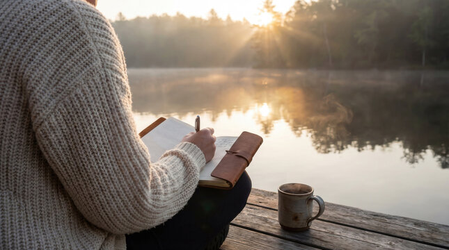 Lakeside sunrise journaling ritual fostering present awareness, mental clarity and intentional daily reset.