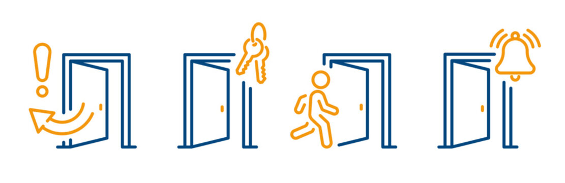 Open door icons, please keep doors closed, user keys, entrance or exit, reminder close the door, set editable outline icon vector