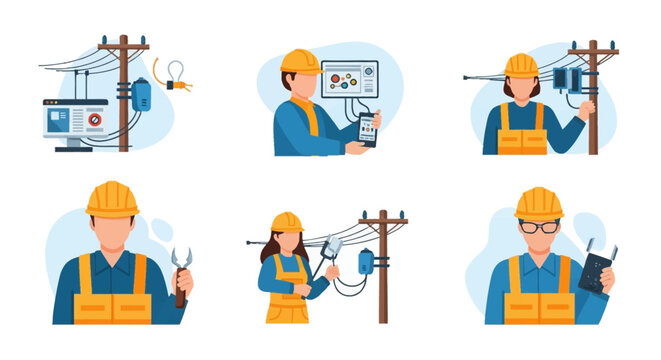 Flat vector illustration set showing electrical engineers and utility linemen performing grid maintenance, using digital diagnostic tools, repairing power lines, and wearing safety gear.