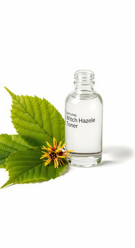 A clear glass bottle of witch hazel toner sits next to fresh green leaves and a small yellow flower on a white background.