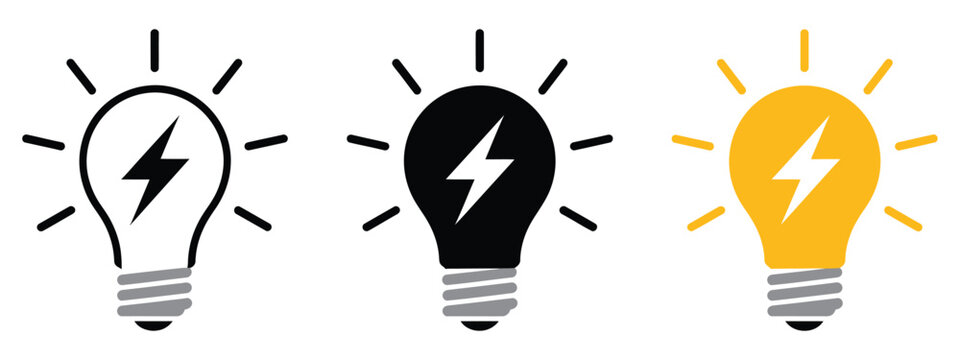 Electric light bulb icon set with lightning bolt, outline, solid, and yellow flat style, clean vector illustration for energy, power, electricity, innovation, and smart technology
