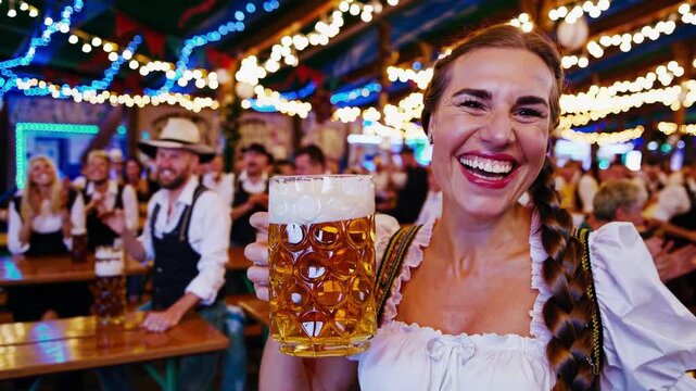 Beautiful smiling woman wearing a traditional dirndl dress and holding a large glass of beer while celebrating inside a crowded tent during the oktoberfest festival in munich, germany