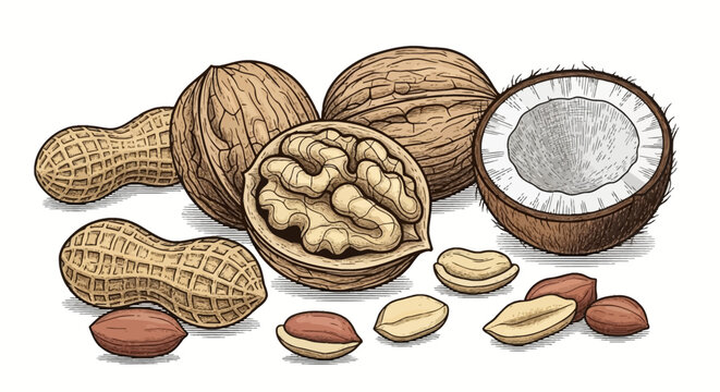 Hand-drawn engraving style illustration of a nut assortment featuring whole peanuts in shells, cracked walnuts with kernels, and a half coconut, isolated on a white background.