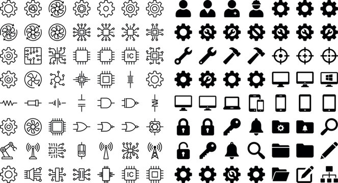 Technology and Tools Icon Collection Featuring Gears, Circuits, Computers, Locks, and User Interfaces for Websites, Apps, and Digital Media Designs