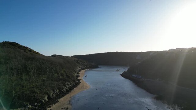4k Aerial flying out of River Solva, North Wales, Pembrokshire, Uk