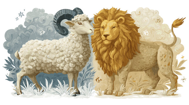Zodiac Companions: A stylized illustration depicting a ram and lion, embodying zodiacal symbolism, in a gentle embrace, set against a backdrop of soft hues and ethereal details.