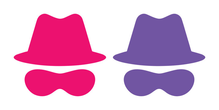 Incognito mode icons in pink and purple, secret agent spy silhouettes with fedora hats and sunglasses, private browsing vector graphics for web security