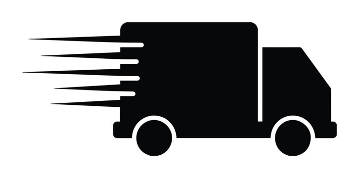 Fast delivery truck icon, black silhouette of a moving shipping van with speed lines, express logistics and transportation vector graphic