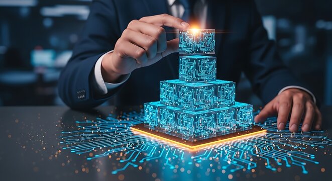 Male corporate executive managing glowing blue digital cubes to form a technological pyramid conceptualizing data security and modern computing