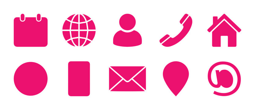 Magenta business contact icons set, 10 flat communication vector symbols, pink web button elements for website interface and digital marketing