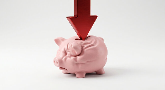 Red downward arrow piercing through pink piggy bank on white background, financial loss and inflation concept
