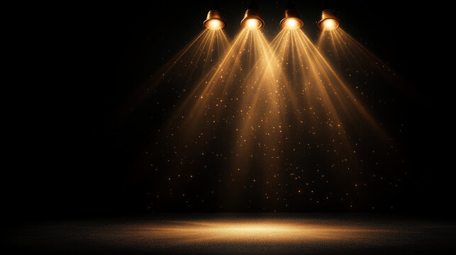 Golden Stage Spotlights Shining Through Dark Atmospheric Background