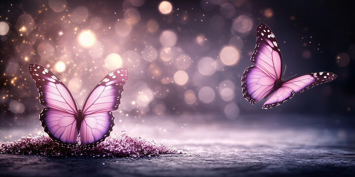 Magical Butterfly Nature Scene Featuring Purple Wings, Glittering Ground and Warm Blurred Light