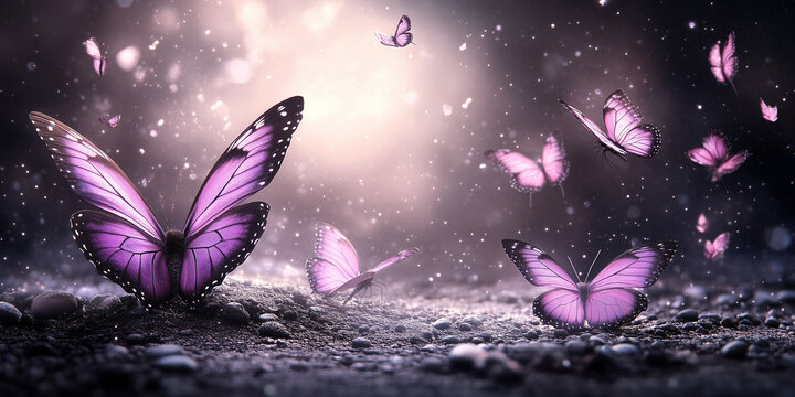 Delicate Pink Butterfly Resting in Fantasy Night Atmosphere with Sparkles and Copy Space