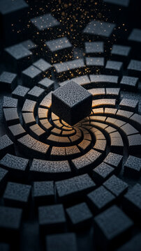 Futuristic Circular Portal Surrounded by Dark Metallic Blocks