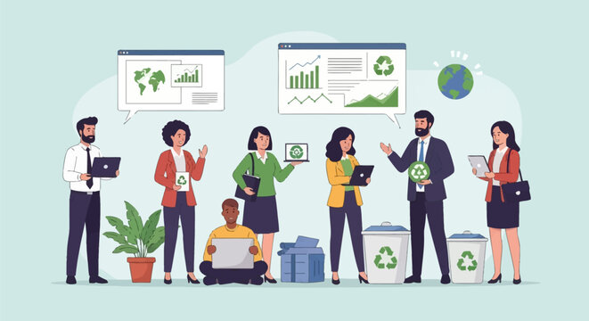 Vector illustration of a diverse corporate team working on sustainable business goals, featuring people with laptops, recycling bins, and environmental data charts on a light background.