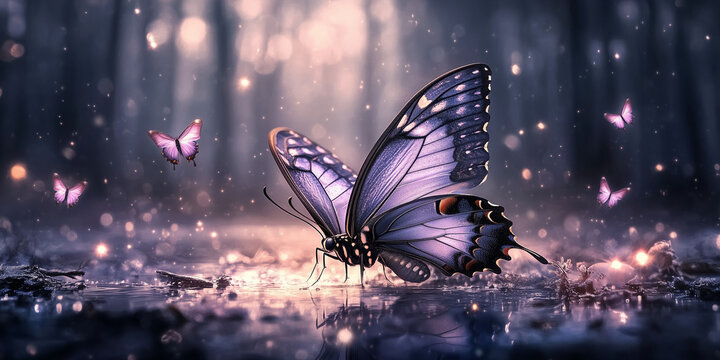 Dreamy Pink Butterflies on Sparkling Frosty Surface with Soft Bokeh Lights and Dark Background