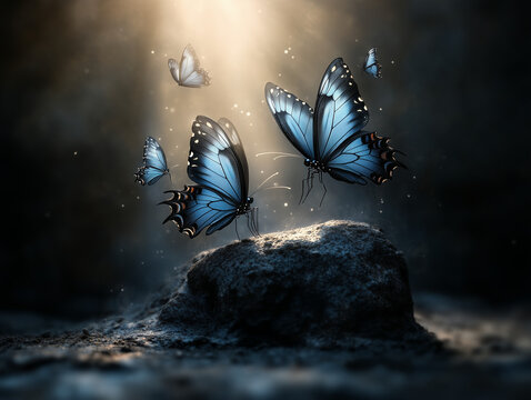 Glowing Blue Butterflies Resting Near Wet Rock Under Dramatic Light in Dark Fantasy Scene