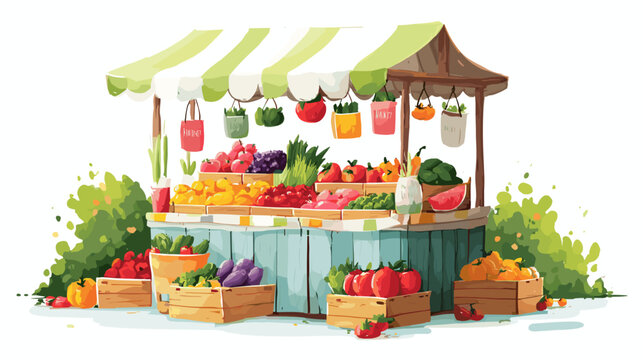 Vibrant Harvest Market: A charming illustration showcases a bustling market stall brimming with colorful, fresh produce, inviting shoppers to explore nature's bounty and the essence of local commerce.