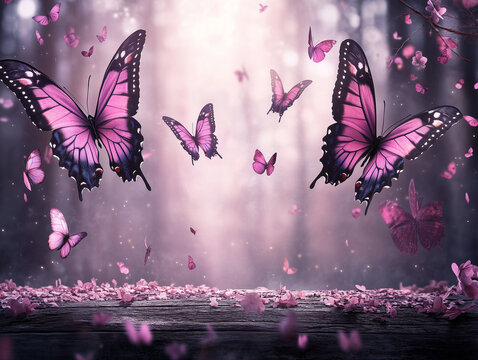 Dreamy Pink Butterflies on Sparkling Frosty Surface with Soft Bokeh Lights and Dark Background